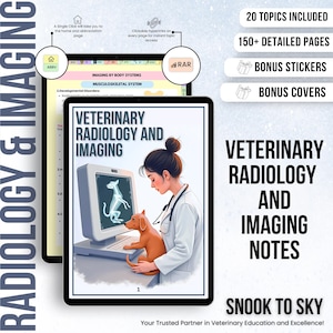 Könnte beinhalten: Ein digitales Tablet zeigt ein farbenfrohes Lehrbuch für Veterinärradiologie und -bildgebung mit einer Cartoon-Illustration eines Tierarztes, der einen Hund auf einem Computerbildschirm untersucht. Der Text "VETERINARY RADIOLOGY AND IMAGING NOTES" wird in großen, fetten Buchstaben auf dem Tablet angezeigt. Der Text "SNOOK TO SKY" wird unter dem Titel angezeigt. Der Text "Your Trusted Partner in Veterinary Education and Excellence!" wird unter dem Titel angezeigt.