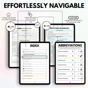 May include: A digital guide with the title "EFFORTLESSLY NAVIGABLE" displayed on multiple screens. The screens show sections for home information, employment details, an index, and abbreviations. The guide is designed for easy navigation.