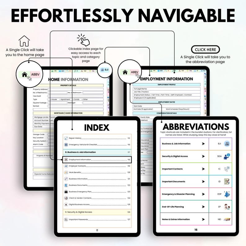 May include: A digital guide with the title "EFFORTLESSLY NAVIGABLE" displayed on multiple screens. The screens show sections for home information, employment details, an index, and abbreviations. The guide is designed for easy navigation.