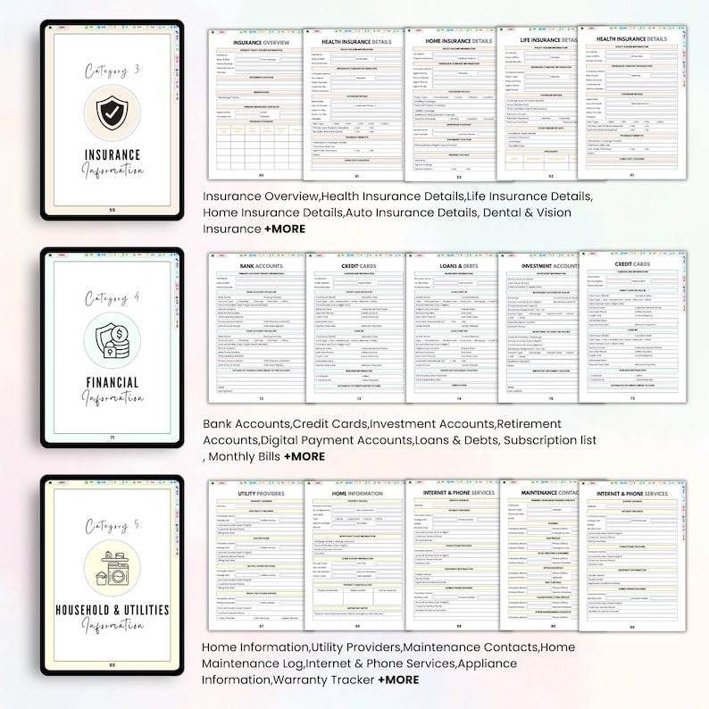 May include: A digital planner with three categories: Insurance, Financial, and Household & Utilities. Each category has detailed forms for various aspects like insurance details, bank accounts, and home information. The planner is displayed on a tablet.