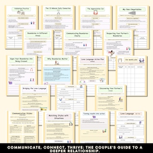 K&ouml;nnte beinhalten: Eine Sammlung von druckbaren Arbeitsbl&auml;ttern mit Titeln wie "Validation Practice", "Love-Language Action Plan" und "Communication Styles". Die Seiten haben einen cremefarbenen Hintergrund mit schwarzem Text und Illustrationen. Der untere Teil des Bildes lautet: "COMMUNICATE, CONNECT, THRIVE: THE COUPLE'S GUIDE TO A DEEPER RELATIONSHIP."