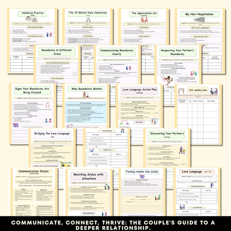 K&ouml;nnte beinhalten: Eine Sammlung von druckbaren Arbeitsbl&auml;ttern mit Titeln wie "Validation Practice", "Love-Language Action Plan" und "Communication Styles". Die Seiten haben einen cremefarbenen Hintergrund mit schwarzem Text und Illustrationen. Der untere Teil des Bildes lautet: "COMMUNICATE, CONNECT, THRIVE: THE COUPLE'S GUIDE TO A DEEPER RELATIONSHIP."