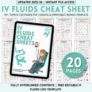 May include: A digital cheat sheet for IV fluids with 20 pages of information. The cover features a cartoon illustration of a person receiving an IV drip. The text on the cover reads "IV Fluids Cheat Sheets" and "Your Quick Reference Guide to IV Fluid Management".
