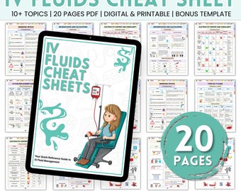 May include: A digital cheat sheet for IV fluids with 20 pages of information. The cover features a cartoon illustration of a person receiving an IV drip. The text on the cover reads "IV Fluids Cheat Sheets" and "Your Quick Reference Guide to IV Fluid Management".