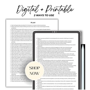 May include: Digital and printable mental health plan with two ways to use it. The image shows a tablet displaying a list of client goals and a printed plan with similar content. The words "Shop Now" are also visible.