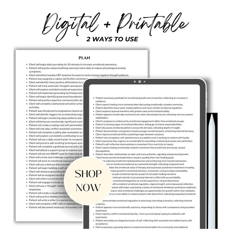 May include: Digital and printable mental health plan with two ways to use it. The image shows a tablet displaying a list of client goals and a printed plan with similar content. The words "Shop Now" are also visible.