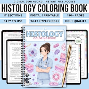Digital PDF-målarbok för histologi, utskrivbara målarbilder för anatomi för sjuksköterskestudenter, studieguide för cellvävnad och organsystem
