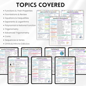 K&ouml;nnte beinhalten: Digitale Lernhilfen zu Mathematikthemen wie Trigonometrie und Analysis. Die Abbildungen zeigen den Titel "TOPICS COVERED". Die Guides werden auf Tablets und gedruckten Bl&auml;ttern angezeigt.