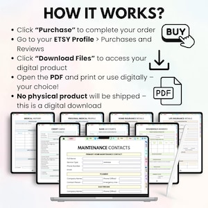 May include: A digital download product displayed on a laptop and tablets. The image shows a guide with the text "HOW IT WORKS?" and instructions on how to purchase and download the digital product. The product includes forms for medical history, credit cards, and home insurance.
