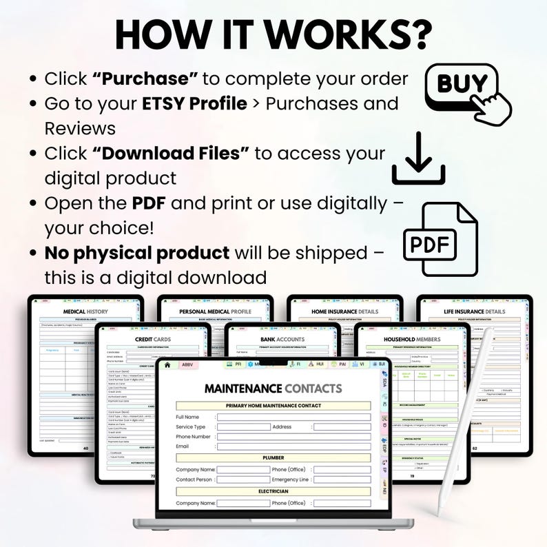 May include: A digital download product displayed on a laptop and tablets. The image shows a guide with the text "HOW IT WORKS?" and instructions on how to purchase and download the digital product. The product includes forms for medical history, credit cards, and home insurance.