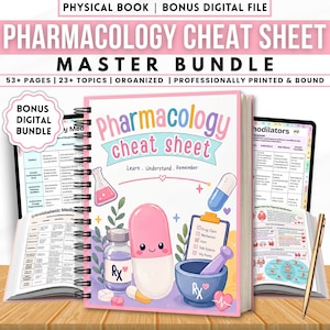 May include: A pharmacology cheat sheet bundle with a pink cover, featuring a cartoon pill, mortar and pestle, and a medicine bottle. The cover reads "Pharmacology Cheat Sheet" and "Learn, Understand, Remember". Includes a bonus digital file.