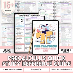 Pode incluir: Um Guia de Referência Rápida de Pré-Cálculo digital com mais de 15 páginas, capas de bónus e mais de 9 tópicos. O guia é digital e imprimível, com conteúdo totalmente hiperligado. A capa apresenta uma mulher com uma calculadora.