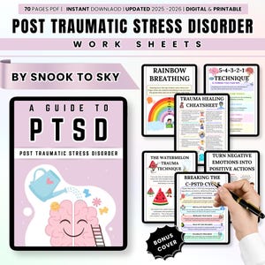 May include: Digital printable worksheets for Post Traumatic Stress Disorder (PTSD). The guide includes techniques like Rainbow Breathing and the 5-4-3-2-1 Technique. The cover features a pink brain with a watering can and the text "A Guide to PTSD".