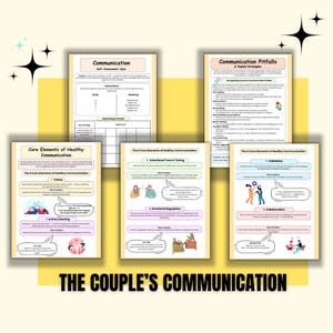 K&ouml;nnte beinhalten: Eine Sammlung von druckbaren Arbeitsbl&auml;ttern zum Thema gesunde Kommunikation, darunter ein Selbstbeurteilungsquiz, Kommunikationsfallen und Kernelemente. Der Titel "The Couple's Communication" befindet sich unten.