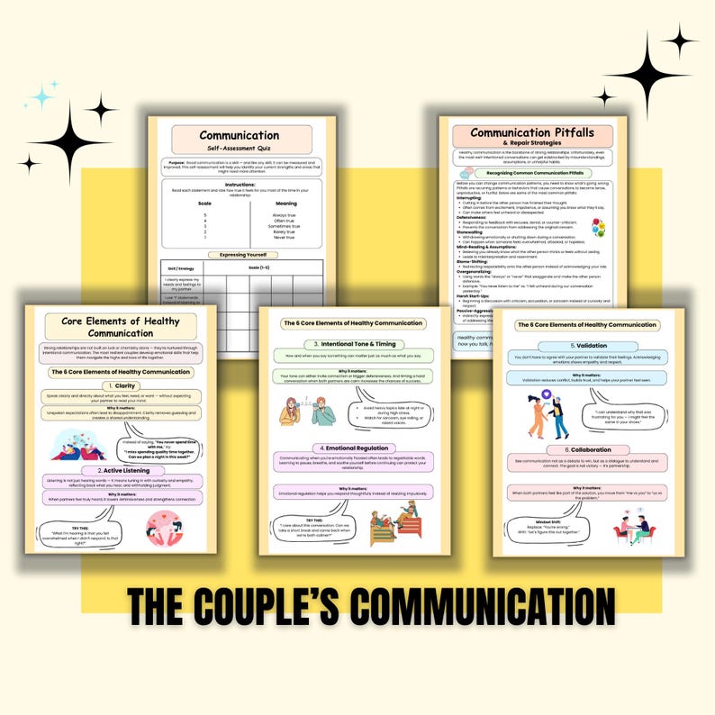 K&ouml;nnte beinhalten: Eine Sammlung von druckbaren Arbeitsbl&auml;ttern zum Thema gesunde Kommunikation, darunter ein Selbstbeurteilungsquiz, Kommunikationsfallen und Kernelemente. Der Titel "The Couple's Communication" befindet sich unten.