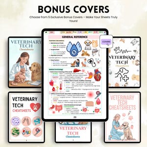 May include: A set of veterinary tech cheatsheets with bonus covers. The covers display illustrations of animals, medical diagrams, and veterinary care scenarios. The text includes medical terminology and fluid rate calculations.