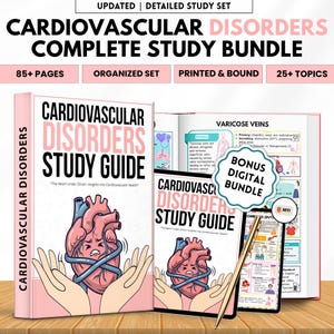 May include: A complete study bundle for cardiovascular disorders. The bundle includes a study guide, a digital bonus, and a tablet with a stylus. The study guide has a pink cover with the title "Cardiovascular Disorders Study Guide" and an illustration of a heart.