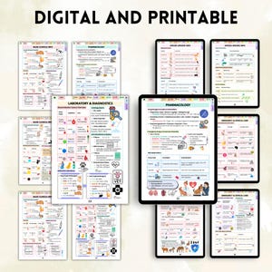 May include: Digital and printable veterinary study guides displayed on tablets and paper. The guides cover topics such as basic clinical info, pharmacology, laboratory & diagnostics, and emergency & critical care. The guides are colourful and feature diagrams and charts.