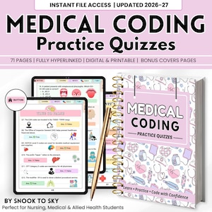 May include: A medical coding practice quizzes book and digital tablet displaying quiz questions. The book cover is pink with the title "Medical Coding Practice Quizzes". The tablet shows true or false questions. A gold pen rests on the tablet.