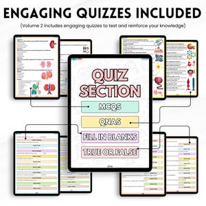 May include: A collection of digital tablets displaying educational quizzes. The central tablet features "QUIZ SECTION" with options for MCQS, QNAS, Fill in Blanks, and True or False. The top text reads "ENGAGING QUIZZES INCLUDED".