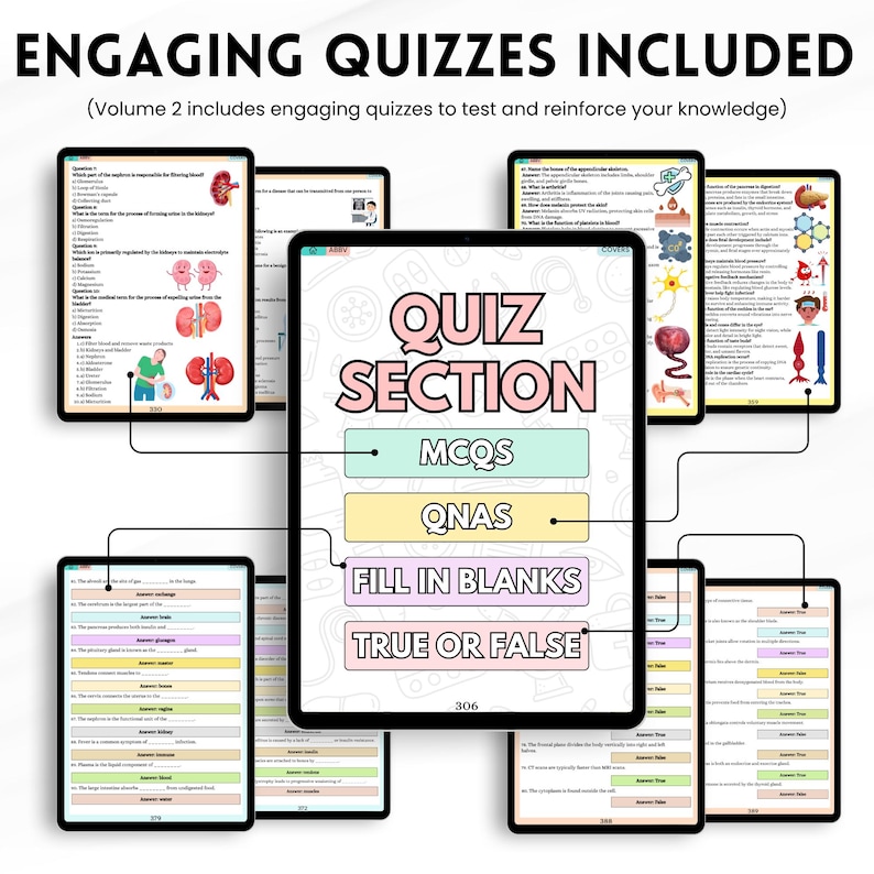 May include: A collection of digital tablets displaying educational quizzes. The central tablet features "QUIZ SECTION" with options for MCQS, QNAS, Fill in Blanks, and True or False. The top text reads "ENGAGING QUIZZES INCLUDED".