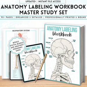 May include: An anatomy labeling workbook master study set featuring a thick bound book and a digital tablet display. The cover shows a black and white line drawing of a human skull with labels for the parietal, frontal, and nasal bones.