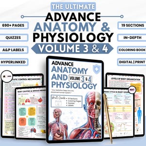Puede incluir: El recurso educativo Ultimate Advance Anatomy & Physiology Volume 3 & 4 cuenta con más de 690 páginas, 19 secciones, cuestionarios, etiquetas A&P y un libro para colorear. El material digital e impreso incluye diagramas detallados del cuerpo.