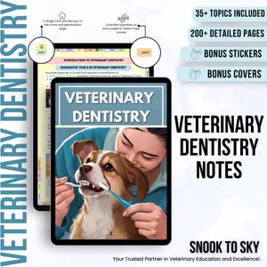Puede incluir: Una ilustración digital de una persona cepillando los dientes de un perro. La imagen es parte de un producto digital titulado "Veterinary Dentistry Notes" de Snook to Sky. El producto incluye más de 35 temas, más de 200 páginas detalladas, pegatinas de bonificación y cubiertas de bonificación.