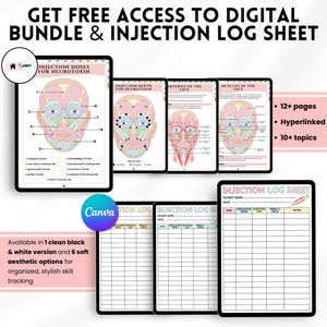 May include: Digital bundle and injection log sheet with anatomical diagrams and log sheets. The bundle includes over 12 pages, is hyperlinked, and covers 10+ topics. Available in black and white, plus six aesthetic options for organized skill tracking.