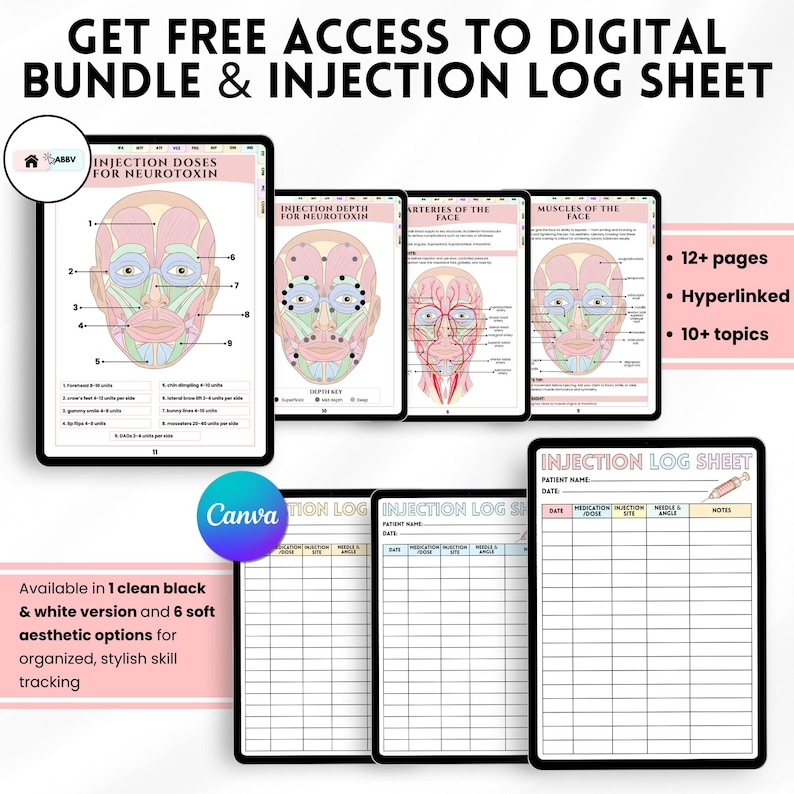 May include: Digital bundle and injection log sheet with anatomical diagrams and log sheets. The bundle includes over 12 pages, is hyperlinked, and covers 10+ topics. Available in black and white, plus six aesthetic options for organized skill tracking.