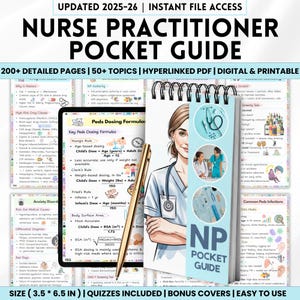 Könnte beinhalten: Ein Nurse Practitioner Pocket Guide mit dem Text "UPDATED 2025-26" und "INSTANT FILE ACCESS". Der Leitfaden enthält detaillierte Seiten, Themen und ist digital und druckbar. Ein goldener Stift liegt auf dem Leitfaden. Die Größe beträgt 8,89 x 16,51 cm.