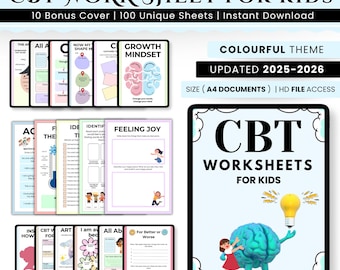 98+ CBT Arbeitsblätter für Kinder, 10 Bonus Cover, CBT-Werkzeuge für Kinder, Kinderaktivitäten für emotionales Wachstum, digitales und druckbares CBT-Paket