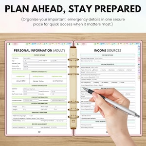 May include: A pink planner with gold rings, open to pages with fillable forms for personal and income details. The text "PLAN AHEAD, STAY PREPARED" is at the top. A hand holds a pen, filling out the form.