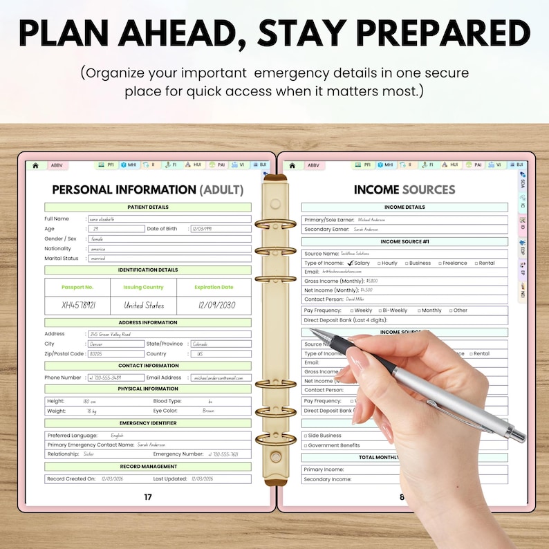 May include: A pink planner with gold rings, open to pages with fillable forms for personal and income details. The text "PLAN AHEAD, STAY PREPARED" is at the top. A hand holds a pen, filling out the form.