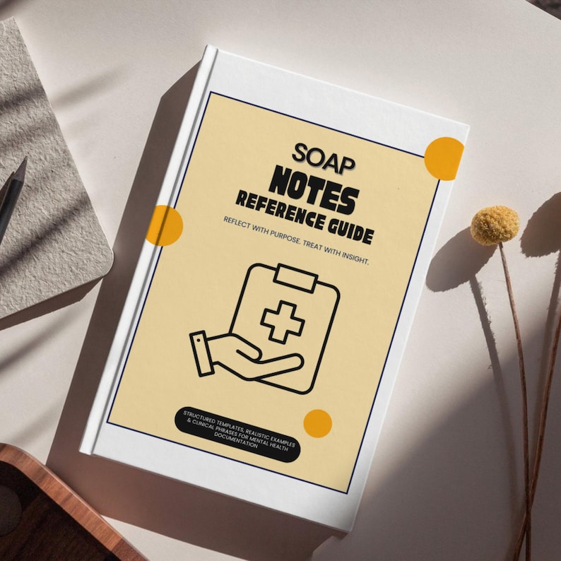 May include: A white-covered book titled "SOAP NOTES REFERENCE GUIDE" with a light yellow cover. The cover features black text and a graphic of a hand holding a medical chart. The book includes the text "REFLECT WITH PURPOSE, TREAT WITH INSIGHT."