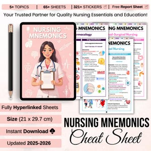 May include: A pink and white digital cheat sheet for nursing students. The cheat sheet is titled "Nursing Mnemonics Cheat Sheet" and features a cartoon illustration of a nurse. The cheat sheet includes several topics, including pharmacology, medical-surgical nursing, and cardiovascular nursing.