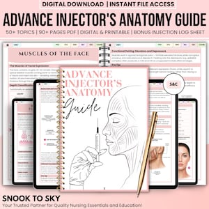 Op de afbeelding: Een digitale anatomiegids voor gevorderde injecteurs met 90+ pagina's. De omslag toont een lijntekening van een gezichtsprofiel en een hand die een injectiespuit vasthoudt. De gids bevat tekst, diagrammen en een gouden pen met spiraalbinding.