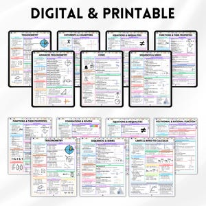 K&ouml;nnte beinhalten: Digitale und druckbare Mathe-Lernhilfen. Das Bild zeigt mehrere Tablets mit farbenfrohen Notizen zu Themen wie Trigonometrie, Gleichungen und Analysis. Der Text "DIGITAL & PRINTABLE" steht oben.