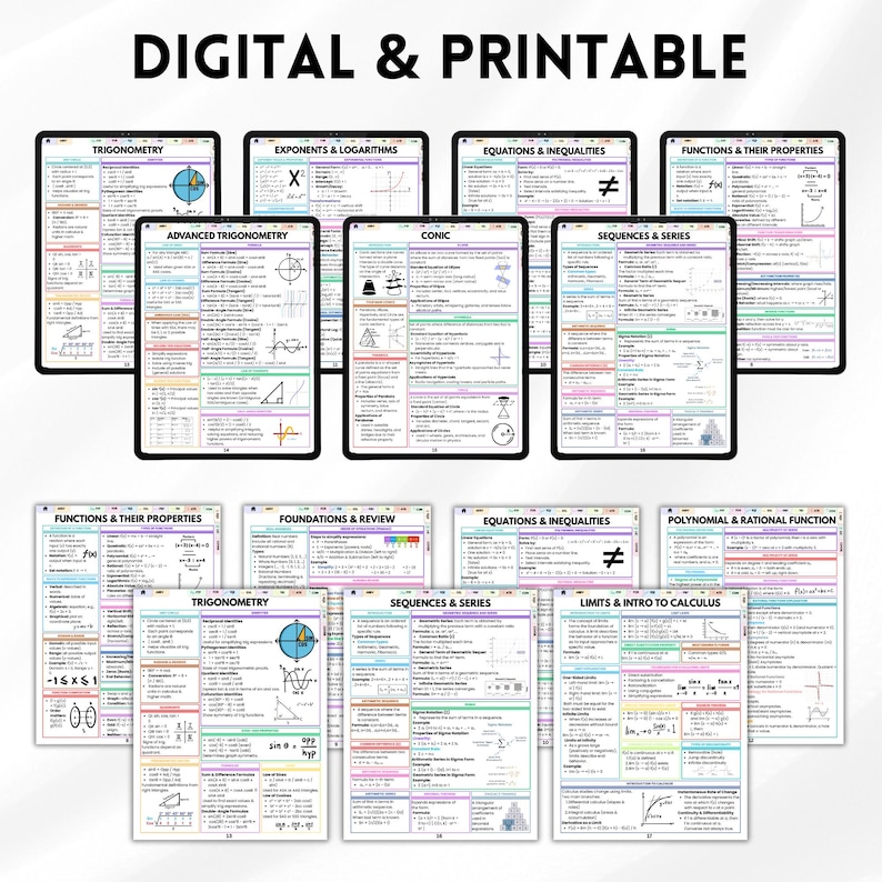 K&ouml;nnte beinhalten: Digitale und druckbare Mathe-Lernhilfen. Das Bild zeigt mehrere Tablets mit farbenfrohen Notizen zu Themen wie Trigonometrie, Gleichungen und Analysis. Der Text "DIGITAL & PRINTABLE" steht oben.
