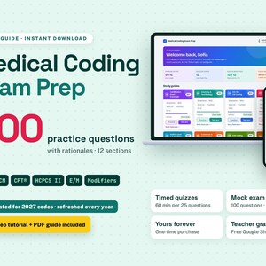 May include: A digital study guide for Medical Coding Exam Prep featuring 300 practice questions with rationales across 12 sections. The interface displays on a laptop and smartphone, covering ICD-10-CM, CPT, HCPCS II, E/M, and Modifiers for 2027.