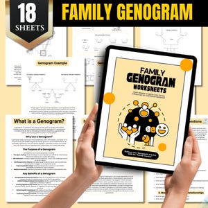 May include: A set of 18 printable family genogram worksheets. The worksheets are designed to help you gain deeper insights into family influences on individual behavior. The cover image features a hand holding a tablet with a colorful illustration of a family genogram.