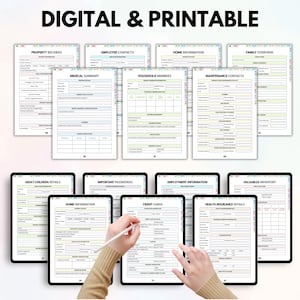 May include: A collection of digital and printable planner pages. The pages include sections for property records, medical summaries, household members, and more. The text "DIGITAL & PRINTABLE" is at the top of the image.
