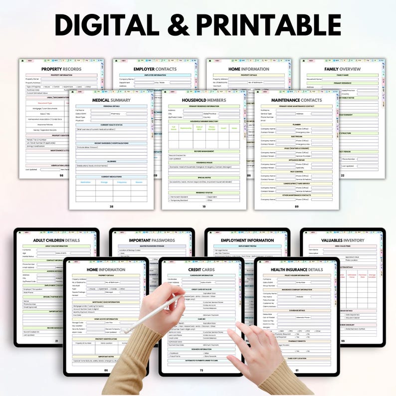 May include: A collection of digital and printable planner pages. The pages include sections for property records, medical summaries, household members, and more. The text "DIGITAL & PRINTABLE" is at the top of the image.