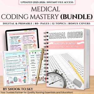 Puede incluir: Un conjunto de materiales de estudio de codificación médica, que incluye un libro encuadernado en espiral, una tableta que muestra diagramas anatómicos y un cronómetro. La portada del libro dice "Medical Coding Mastery Bundle". También hay un bolígrafo dorado y un lápiz.