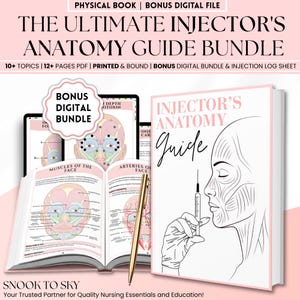 May include: A bundle of educational materials, including a printed book and digital files, titled "The Ultimate Injector's Anatomy Guide Bundle." The book cover features a line drawing of a face and a syringe. The bundle includes topics, PDF pages, and a digital bonus.