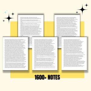May include: A collection of white paper sheets with black text, arranged on a yellow background. The text is small and dense, suggesting detailed notes or a document. The phrase "1600+ NOTES" is displayed in black text at the bottom.