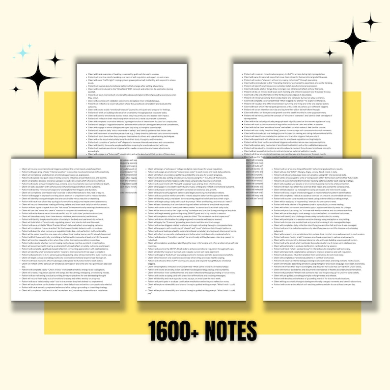 May include: A collection of white paper sheets with black text, arranged on a yellow background. The text is small and dense, suggesting detailed notes or a document. The phrase "1600+ NOTES" is displayed in black text at the bottom.