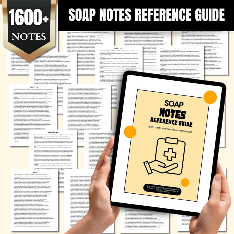 May include: A person holds a tablet displaying a "SOAP NOTES REFERENCE GUIDE" with a medical symbol and the text "REFLECT WITH PURPOSE, TREAT WITH INSIGHT". The image includes numerous pages of notes and a banner that reads "1600+ NOTES".