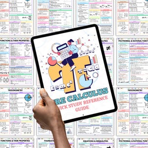 K&ouml;nnte beinhalten: Ein Tablet mit einem "Pre Calculus Quick Study Reference Guide" mit farbenfrohen Diagrammen und Formeln. Das Tablet wird in einer Hand gehalten, umgeben von Studienbl&auml;ttern mit mathematischen Gleichungen und trigonometrischen Funktionen.
