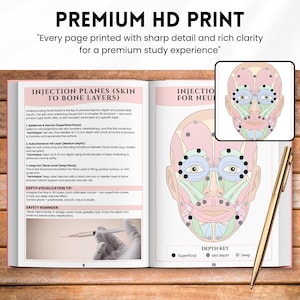 May include: Open book with detailed illustrations of facial injection planes, including skin and bone layers, with a diagram of a face highlighting injection points. The text includes depth visualization tips and safety reminders. A gold pen rests on the open pages.